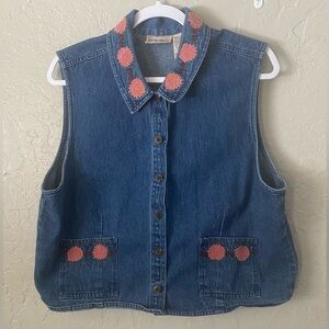 Austin Harris Cotton Blue Denim Vest Sz XL Women Floral Embroidery VTG 80 90s